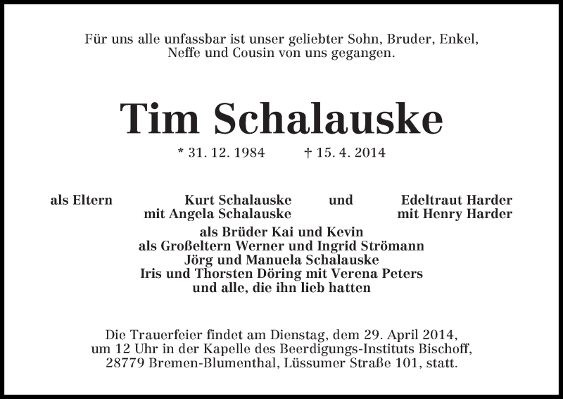  Traueranzeige für Tim Schalauske vom 26.04.2014 aus Die Norddeutsche
