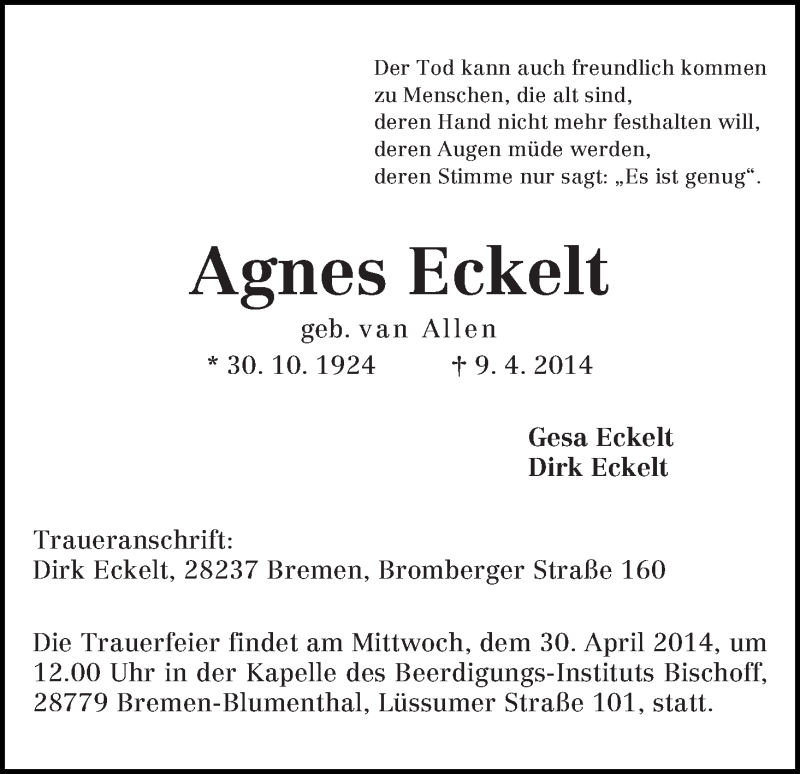 Traueranzeige von Agnes Eckelt von Die Norddeutsche