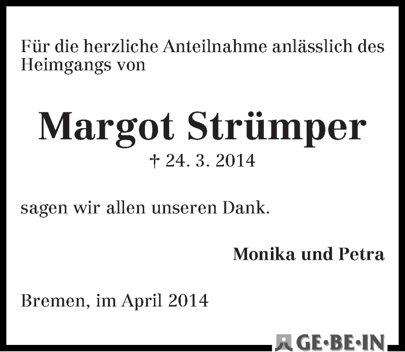 Traueranzeige von Margot Strümper von WESER-KURIER