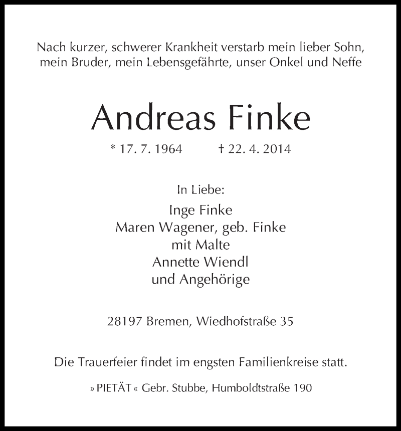  Traueranzeige für Andreas Finke vom 26.04.2014 aus WESER-KURIER