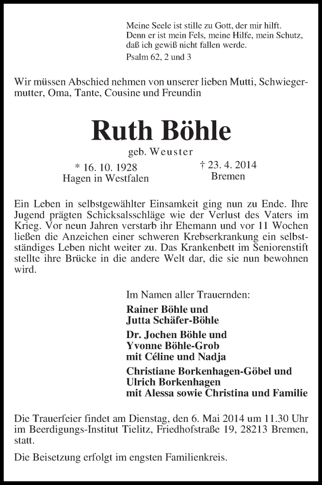 Traueranzeige von Ruth Böhle von WESER-KURIER