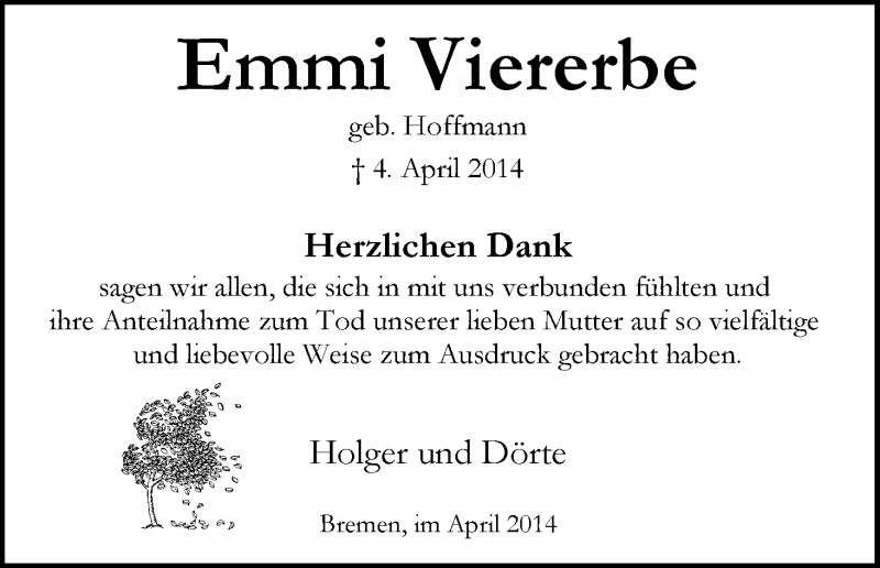 Traueranzeige von Emmi Viererbe von WESER-KURIER