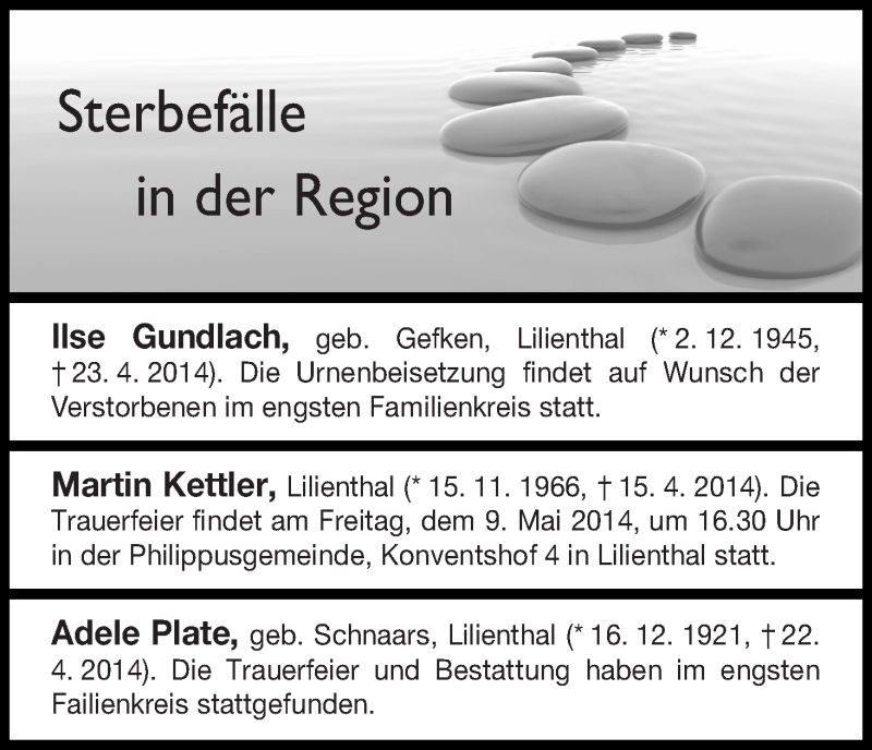 Traueranzeige von Sterbefälle in der Region von Osterholzer Kreisblatt