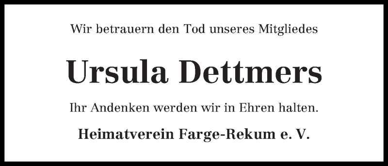 Traueranzeige von Ursula Dettmers von Die Norddeutsche