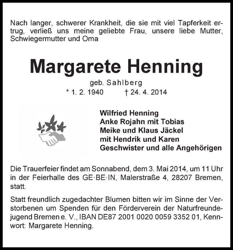 Traueranzeige von Margarete Henning von WESER-KURIER