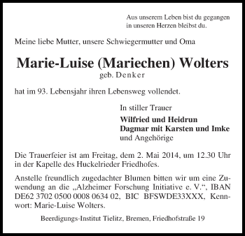 Traueranzeige von Marie-Luise (Mariechen) Wolters