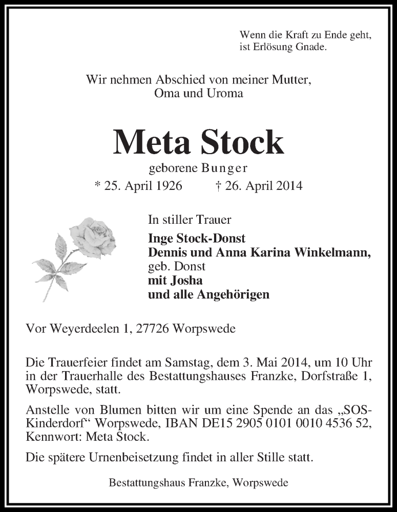 Traueranzeige von Meta Stock von Wuemme Zeitung