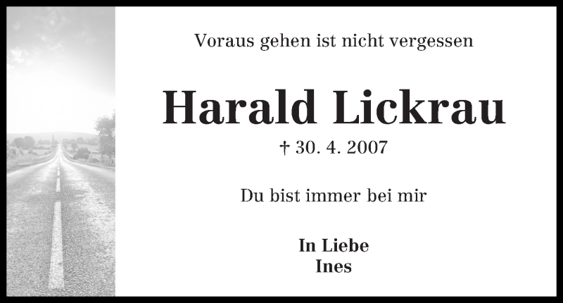  Traueranzeige für Harald Lickrau vom 30.04.2014 aus Die Norddeutsche