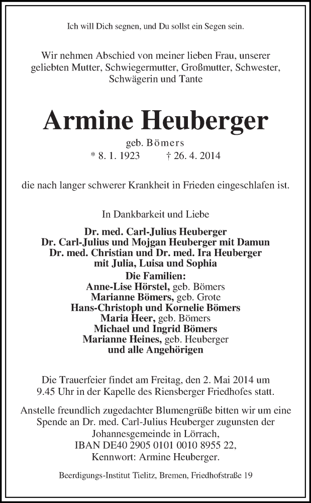 Traueranzeige von Armine Heuberger von WESER-KURIER