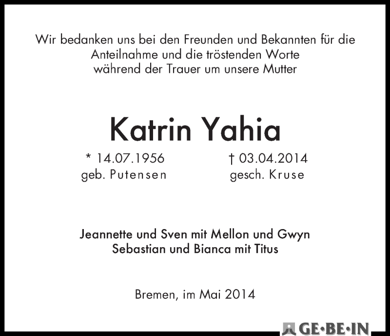 Traueranzeige von Katrin Yahia von WESER-KURIER