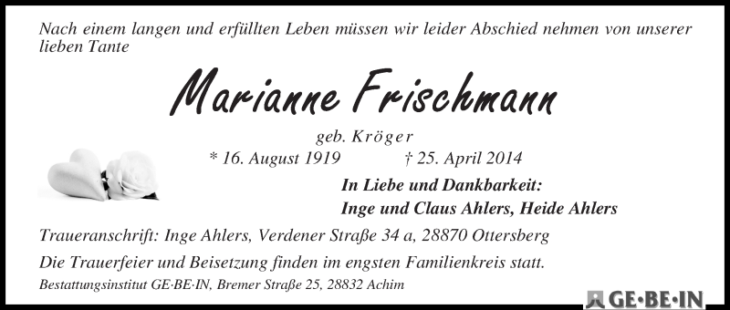 Traueranzeige von Marianne Frischmann von WESER-KURIER