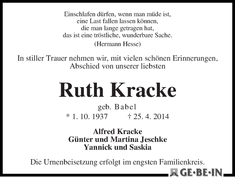 Traueranzeige von Ruth Kracke von WESER-KURIER