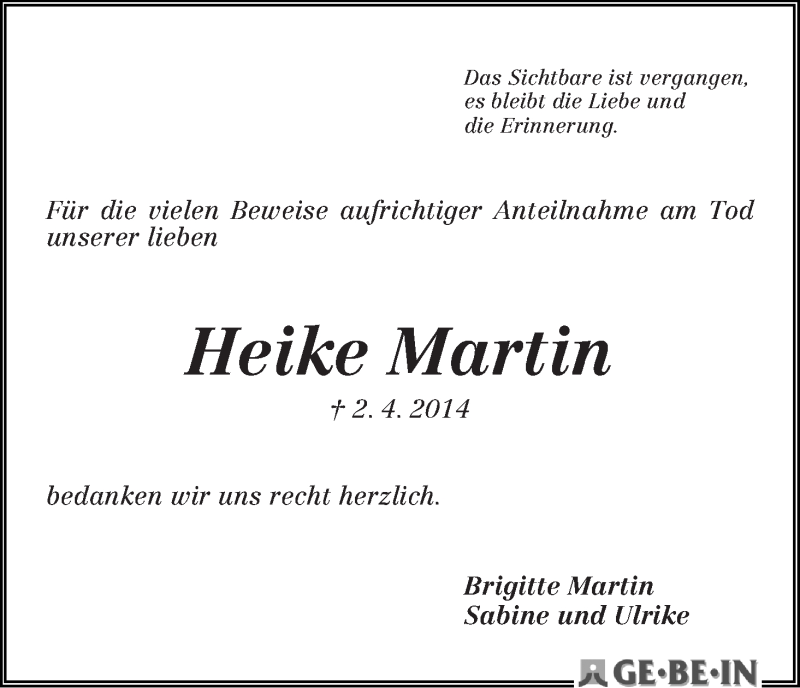Traueranzeige von Heike Martin von WESER-KURIER