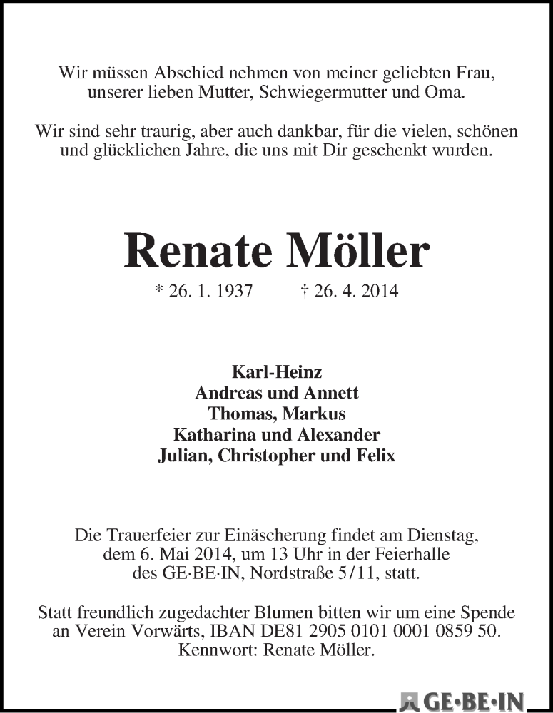 Traueranzeige von Renate Möller von WESER-KURIER
