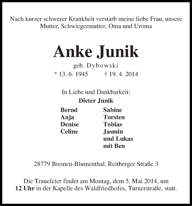 Traueranzeige von Anke Junik von Die Norddeutsche