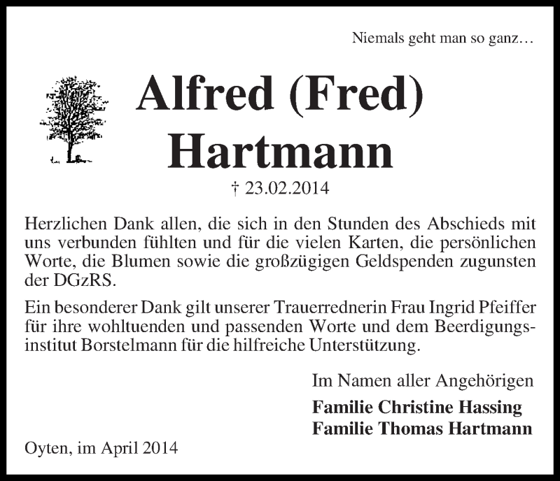 Traueranzeige von Alfred (Fred) Hartmann von WESER-KURIER