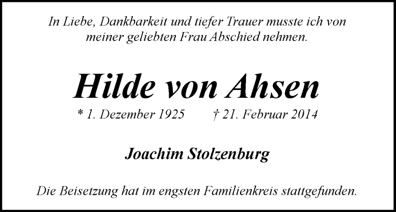 Traueranzeige von Hilde von Ahsen von WESER-KURIER