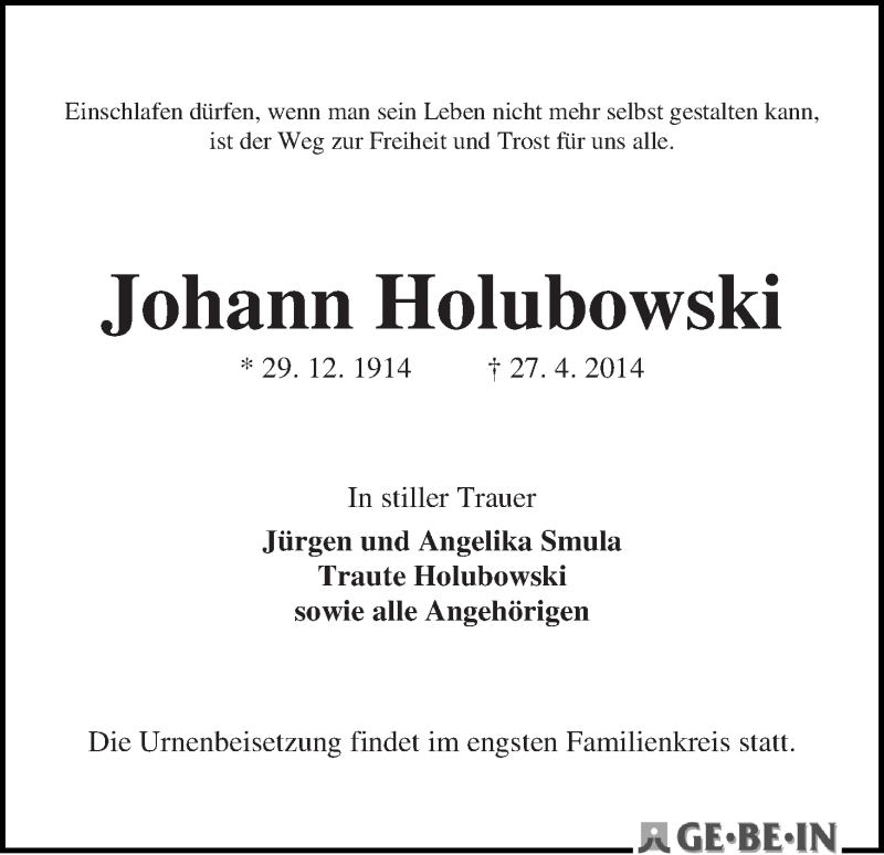 Traueranzeige von Johann Holubowski von WESER-KURIER