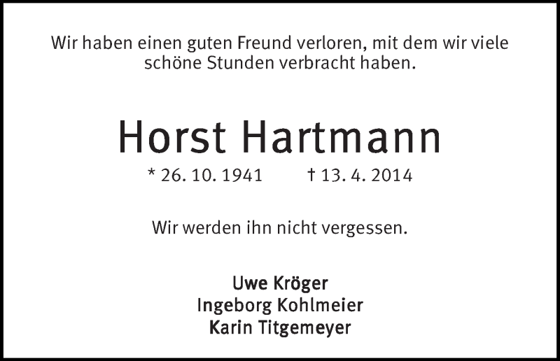  Traueranzeige für Horst Hartmann vom 03.05.2014 aus WESER-KURIER