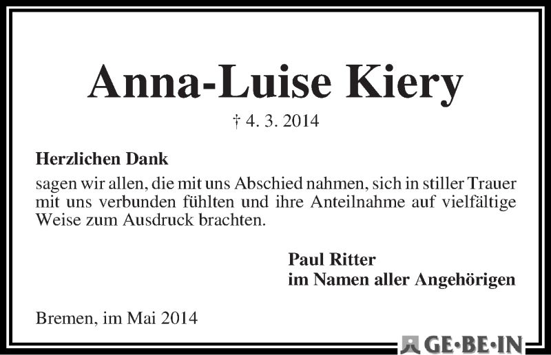 Traueranzeige von Anna-Luise Kiery von WESER-KURIER