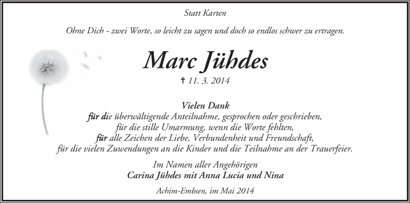  Traueranzeige für Marc Jühdes vom 03.05.2014 aus Achimer Kurier/Verdener Nachrichten