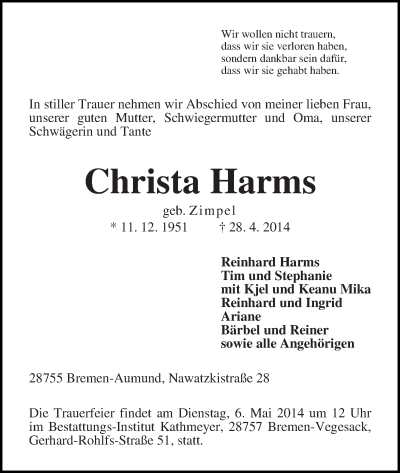 Traueranzeige von Christa Harms von Die Norddeutsche