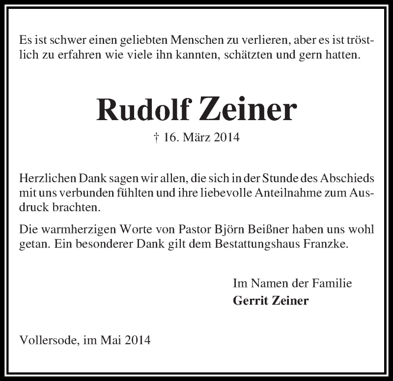 Traueranzeige von Rudolf Zeiner von Osterholzer Kreisblatt
