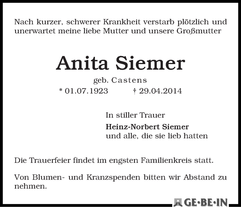 Traueranzeige von Anita Siemer von WESER-KURIER