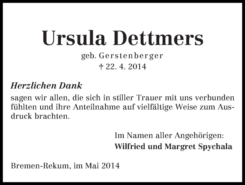 Traueranzeige von Ursula Dettmers von Die Norddeutsche