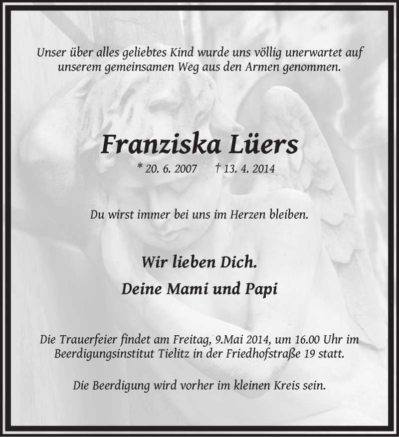 Traueranzeige für Franziska Lüers vom 03.05.2014 aus WESER-KURIER