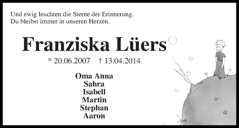  Traueranzeige für Franziska Lüers vom 03.05.2014 aus WESER-KURIER