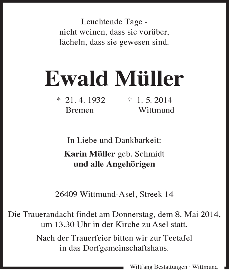 Traueranzeige von Ewald Müller von WESER-KURIER