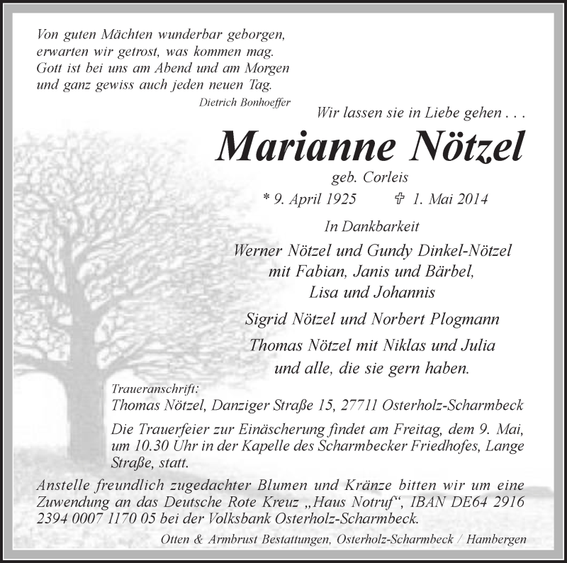 Traueranzeige von Marianne Nötzel von Osterholzer Kreisblatt