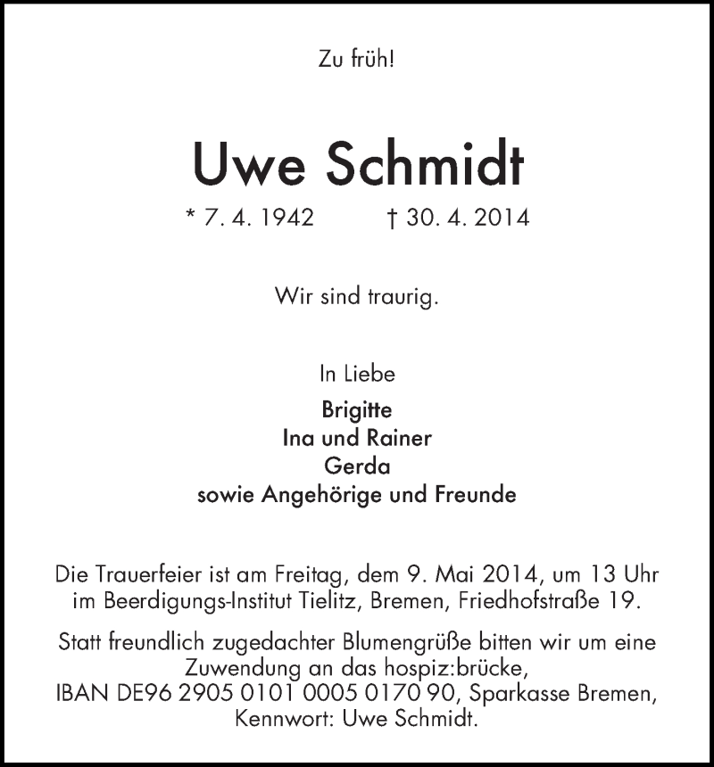 Traueranzeige von Uwe Schmidt von WESER-KURIER