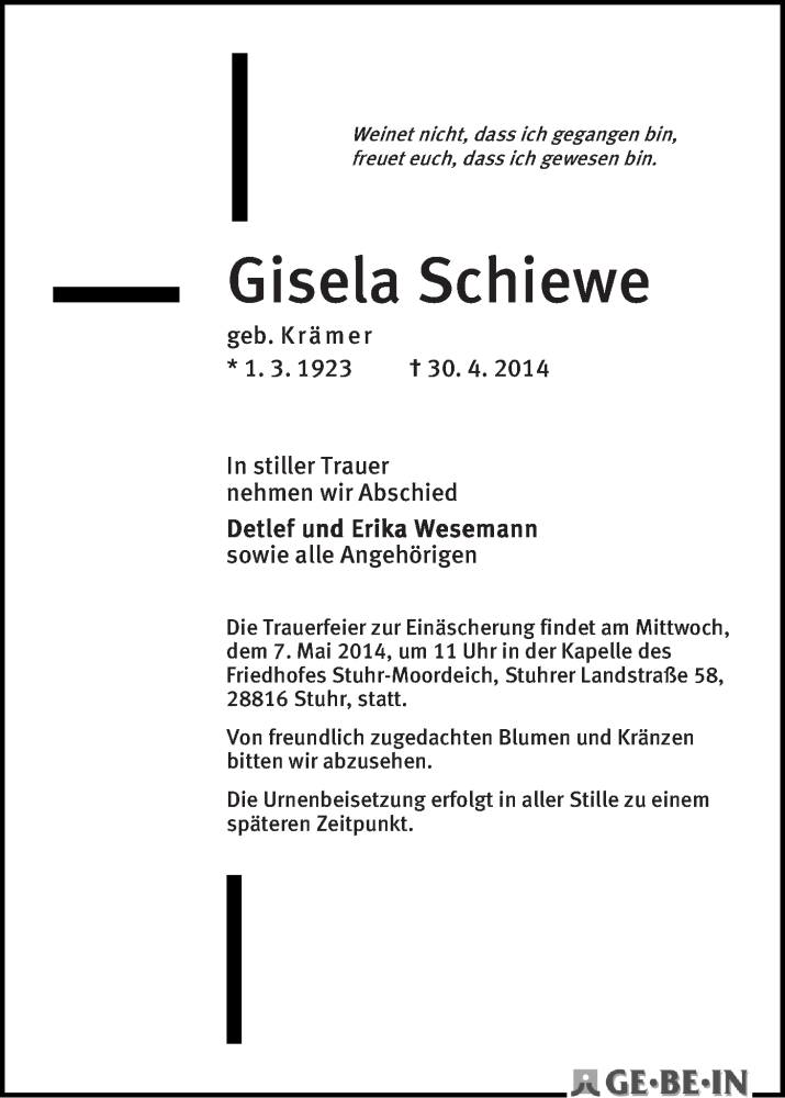 Traueranzeige von Gisela Schiewe von WESER-KURIER