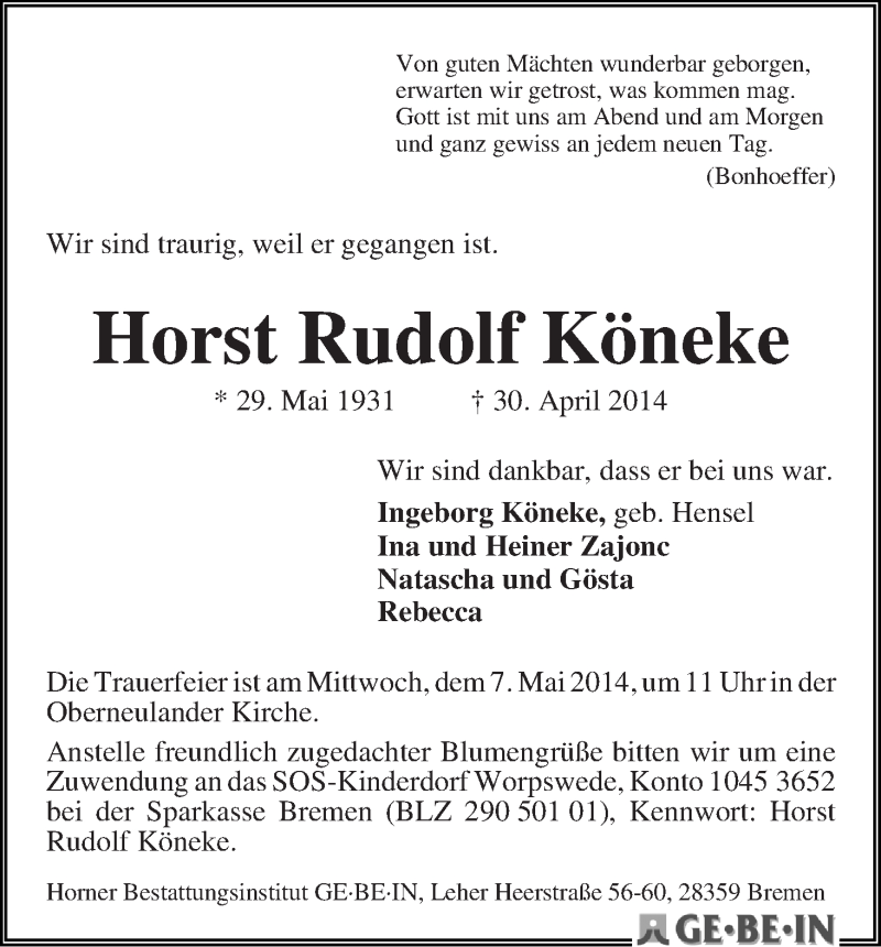 Traueranzeige von Horst Rudolf Köneke von WESER-KURIER