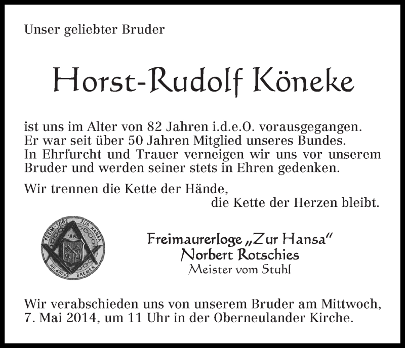 Traueranzeige von Horst-Rudolf Köneke von WESER-KURIER