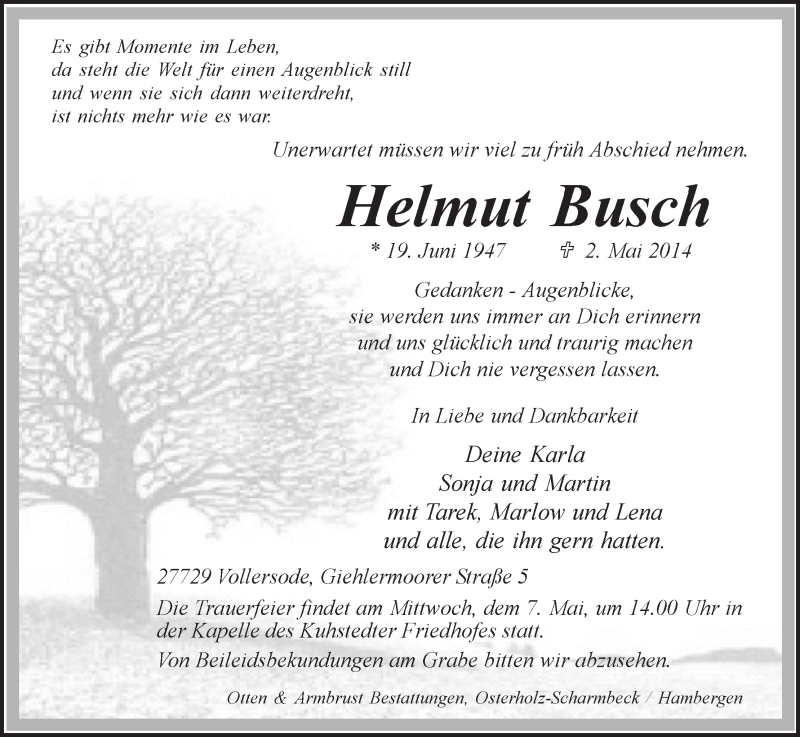 Traueranzeige von Helmut Busch von Osterholzer Kreisblatt