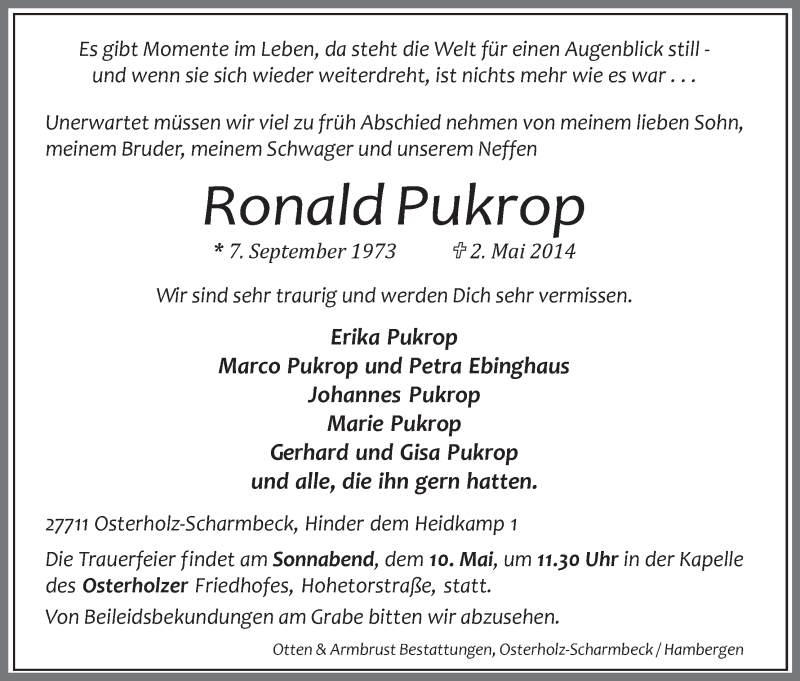 Traueranzeige von Ronald Pukrop von Osterholzer Kreisblatt
