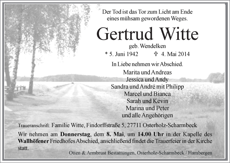 Traueranzeige von Gertrud Witte von Osterholzer Kreisblatt