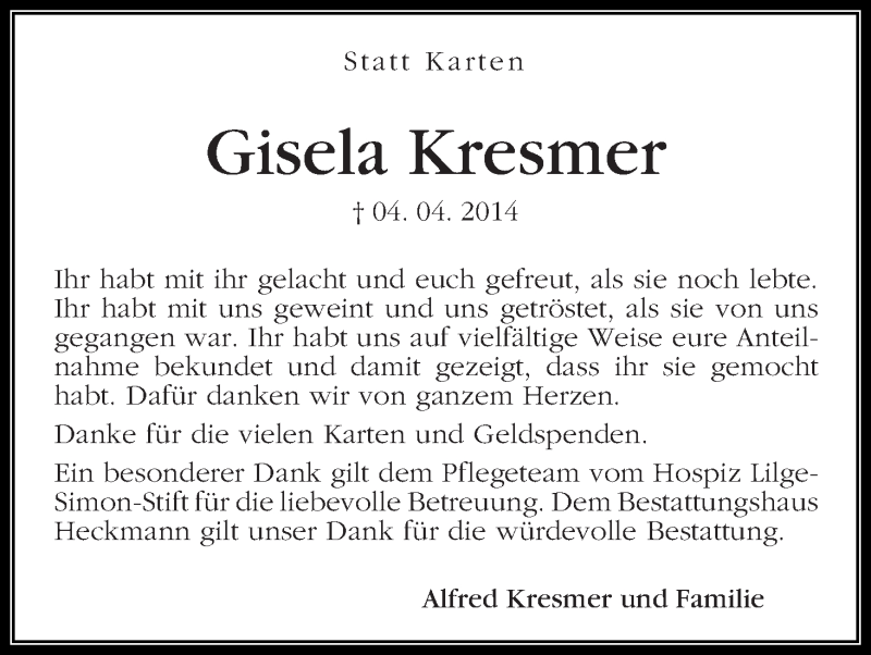 Traueranzeige von Gisela Kresmer von Die Norddeutsche