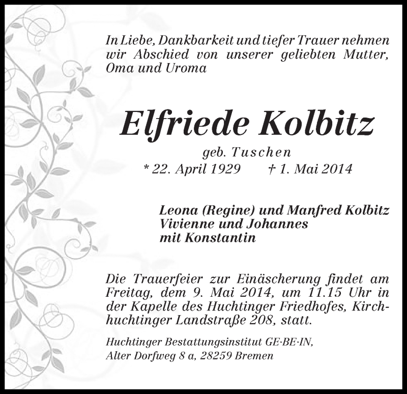Traueranzeige von Elfriede Kolbitz von WESER-KURIER