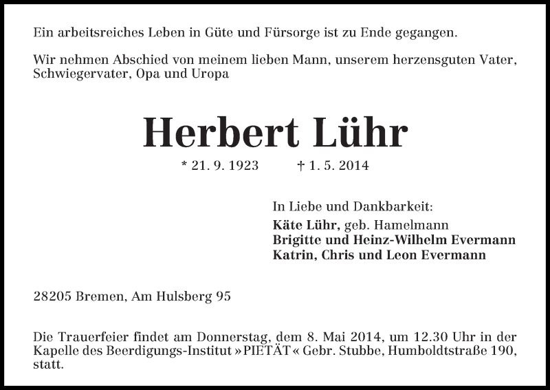 Traueranzeige für Herbert Lühr vom 06.05.2014 aus WESER-KURIER
