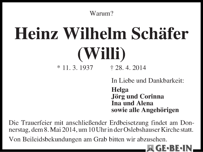 Traueranzeige von Heinz Wilhelm (Willi) Schäfer von WESER-KURIER