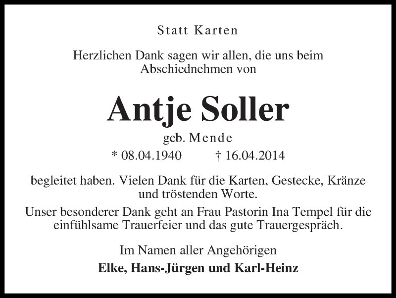 Traueranzeige von Antje Soller von Die Norddeutsche