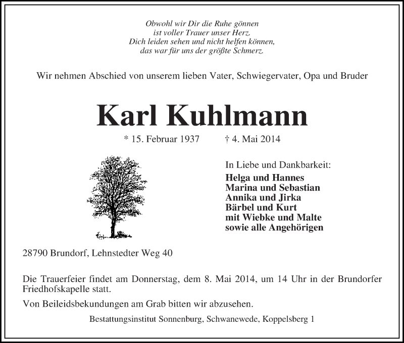  Traueranzeige für Karl Kuhlmann vom 07.05.2014 aus Die Norddeutsche