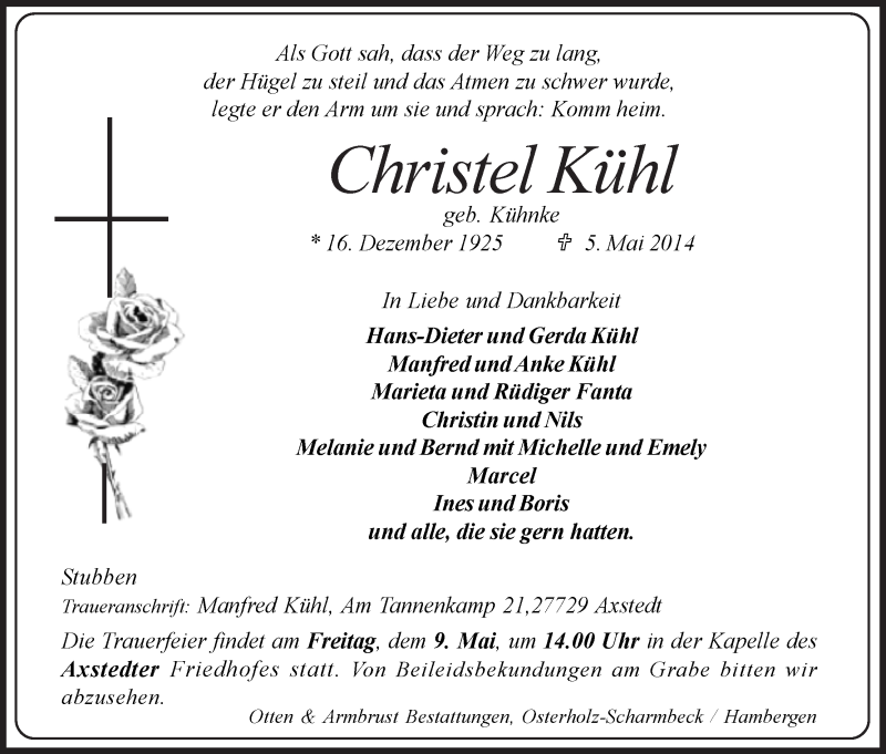 Traueranzeige von Christel Kühl von Osterholzer Kreisblatt