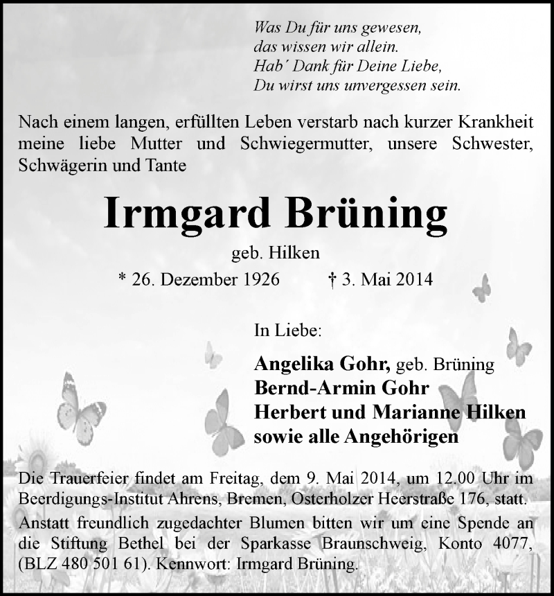 Traueranzeige von Irmgard Brüning von WESER-KURIER