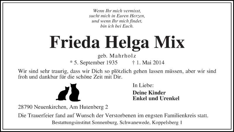 Traueranzeige von Frieda Helga Mix von Die Norddeutsche