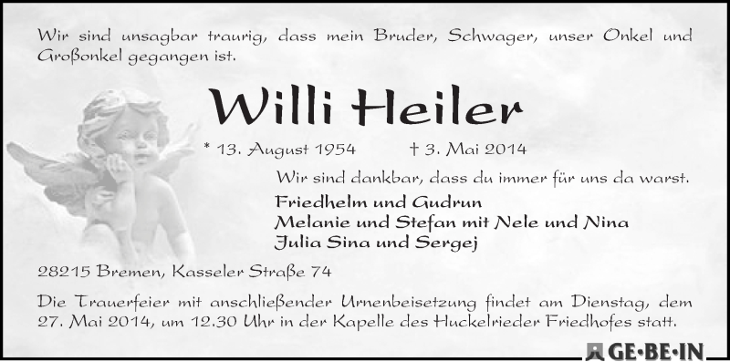 Traueranzeige von Willi Heiler von WESER-KURIER
